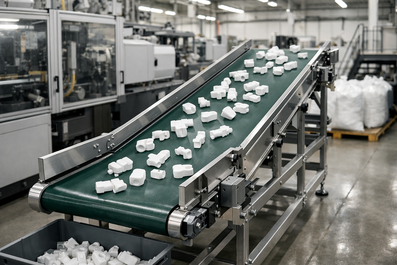 Esteira transportadora com peças plásticas injetadas — equipamentos periféricos representados pela DORATHAS